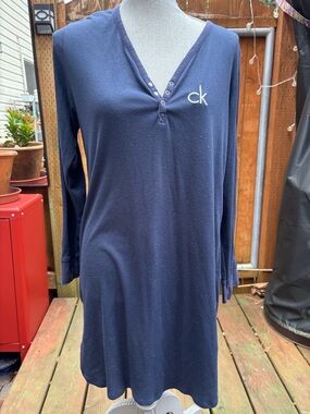 Calvin Klein Navy Long Sleeve Henley Nightshirt with CK Logo